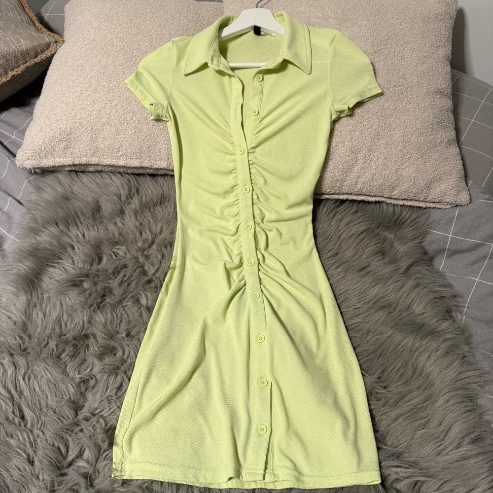 H&M Lime Green Ruched Polo Mini Dress